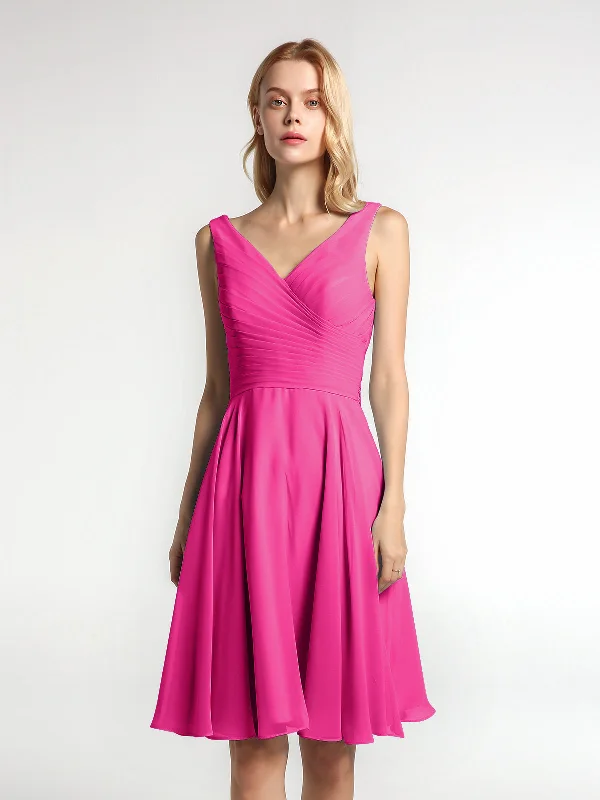 V neck Pleated Bodice Circle Skirt Mini Dress Fuchsia Fashionable Denim Mini Dress