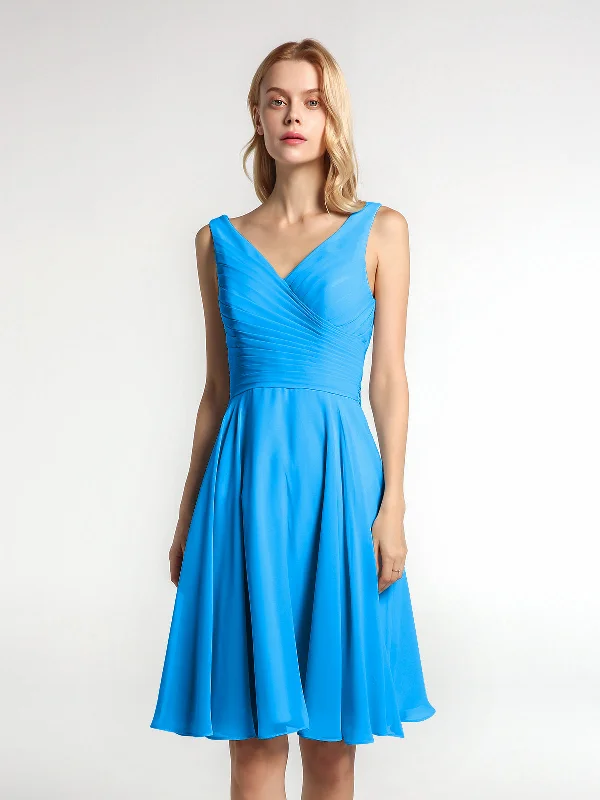 V neck Pleated Bodice Circle Skirt Mini Dress Ocean Blue Comfortable One-Shoulder Mini Dress V neck Pleated Bodice Circle Skirt Mini Dress Ocean Blue Comfortable One-Shoulder Mini Dress