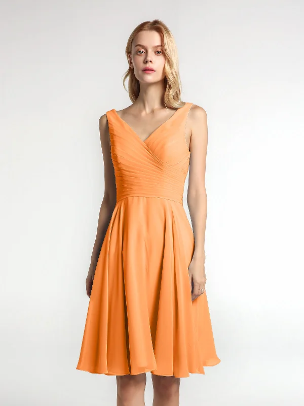 V neck Pleated Bodice Circle Skirt Mini Dress Orange Classic Striped Mini Dress