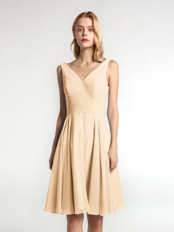 V neck Pleated Bodice Circle Skirt Mini Dress Peach Cozy Satin Mini Dress