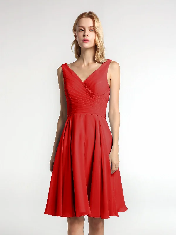 V neck Pleated Bodice Circle Skirt Mini Dress Red Cozy T-Shirt Mini Dress
