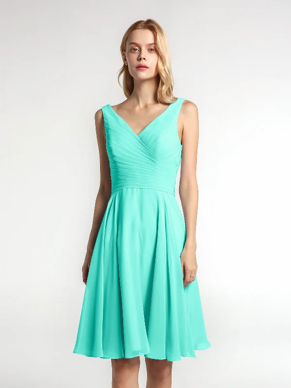 V neck Pleated Bodice Circle Skirt Mini Dress Spa Cozy Satin Mini Dress