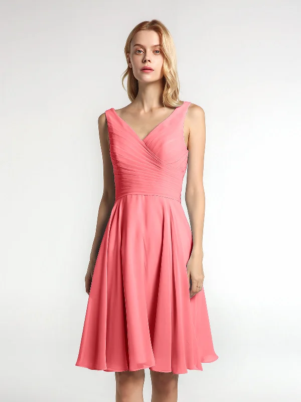 V neck Pleated Bodice Circle Skirt Mini Dress Watermelon Cozy Ruched Mini Dress