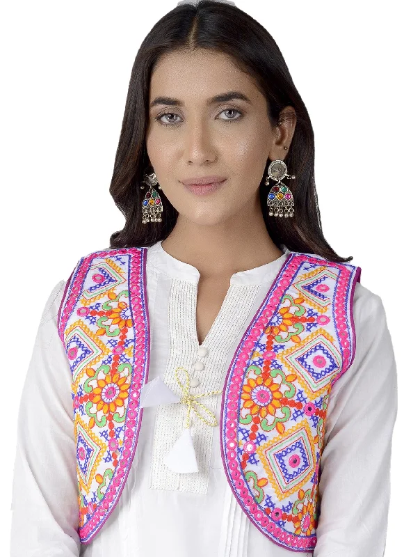 Cotton Kutchi Embroidered Short Jacket/Koti/Shrug (CJK-02) -White Notch Collar Jacket Peter Pan Collar Jacket Cowl Neck Jacket Cotton Kutchi Embroidered Short Jacket/Koti/Shrug (CJK-02) -White Notch Collar Jacket Peter Pan Collar Jacket Cowl Neck Jacket