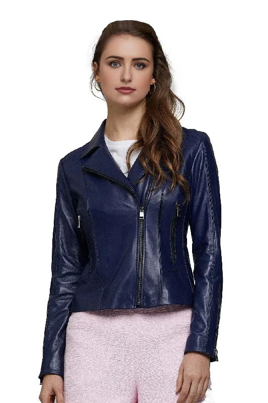 Blue Motorcycle Leather Jacket For women Wool Fabric Cashmere Fabric Tweed Fabric