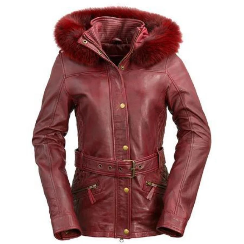 First Manufacturing Elle - Motorcycle Leather Jacket w/ Fox Fur Collar Tiered Jacket Buttoned Jacket Zippered Jacket First Manufacturing Elle - Motorcycle Leather Jacket w/ Fox Fur Collar Tiered Jacket Buttoned Jacket Zippered Jacket