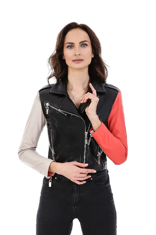 Gabriella Women Black Leather Jacket With Stylish Sleeves Wool Fabric Cashmere Fabric Tweed Fabric Gabriella Women Black Leather Jacket With Stylish Sleeves Wool Fabric Cashmere Fabric Tweed Fabric