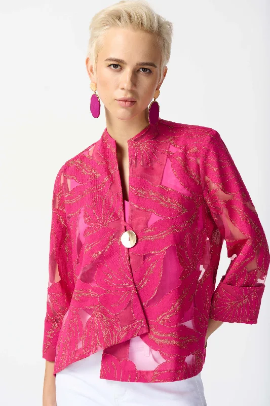 Joseph Ribkoff 242219 Pink Gold Jacquard Tropical Print Swing Jacket A-Line Jacket Boat Neck Shawl Collar