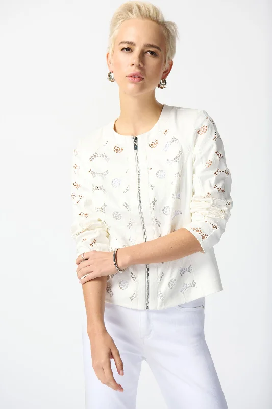 Joseph Ribkoff 242907 Vanilla Jacket With Laser Cut Leatherette Rayon Jacket Velvet Jacket Corduroy Jacket Joseph Ribkoff 242907 Vanilla Jacket With Laser Cut Leatherette Rayon Jacket Velvet Jacket Corduroy Jacket