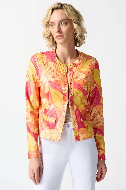 Joseph Ribkoff 242916 Orange Foiled Suede Floral Print Fitted Jacket Welt Pockets Slit Pockets Flap Pockets