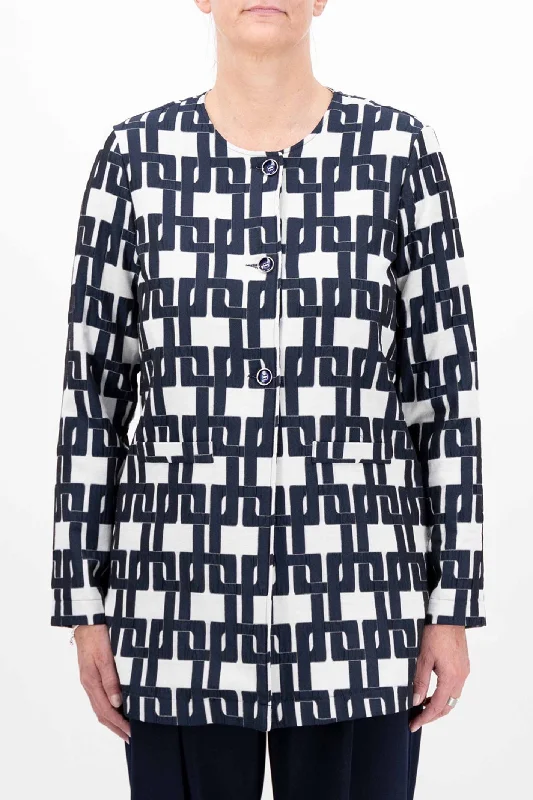 Just White J3802 756 Navy Jacquard Geometric Pattern Jacket Wool Jacket Cashmere Jacket Tweed Jacket Just White J3802 756 Navy Jacquard Geometric Pattern Jacket Wool Jacket Cashmere Jacket Tweed Jacket