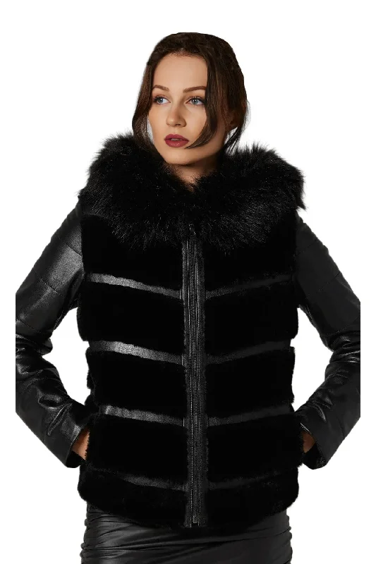 Kinsley Black Women Front Fur Leather Jacket With Hood Stand-Up Collar Roll-Neck Collar Turtle Neck Kinsley Black Women Front Fur Leather Jacket With Hood Stand-Up Collar Roll-Neck Collar Turtle Neck