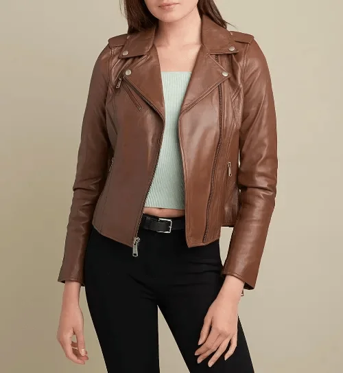 Womens Light Brown Leather Biker Jacket Anorak Shell Jacket Lightweight Jacket