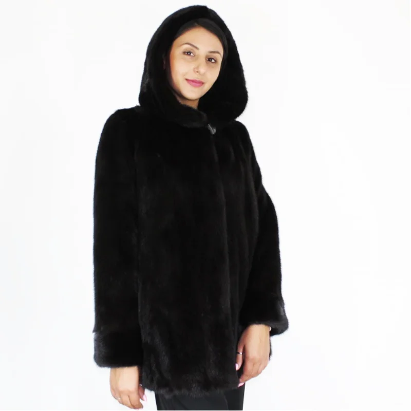 NI Black mink jacket with hood Stand-Up Collar Roll-Neck Collar Turtle Neck