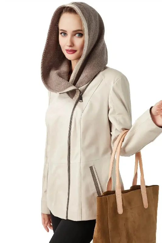 Sandra Beige Hooded Leather Jacket For Women Zippered Front Buttoned Front Snap Front Sandra Beige Hooded Leather Jacket For Women Zippered Front Buttoned Front Snap Front