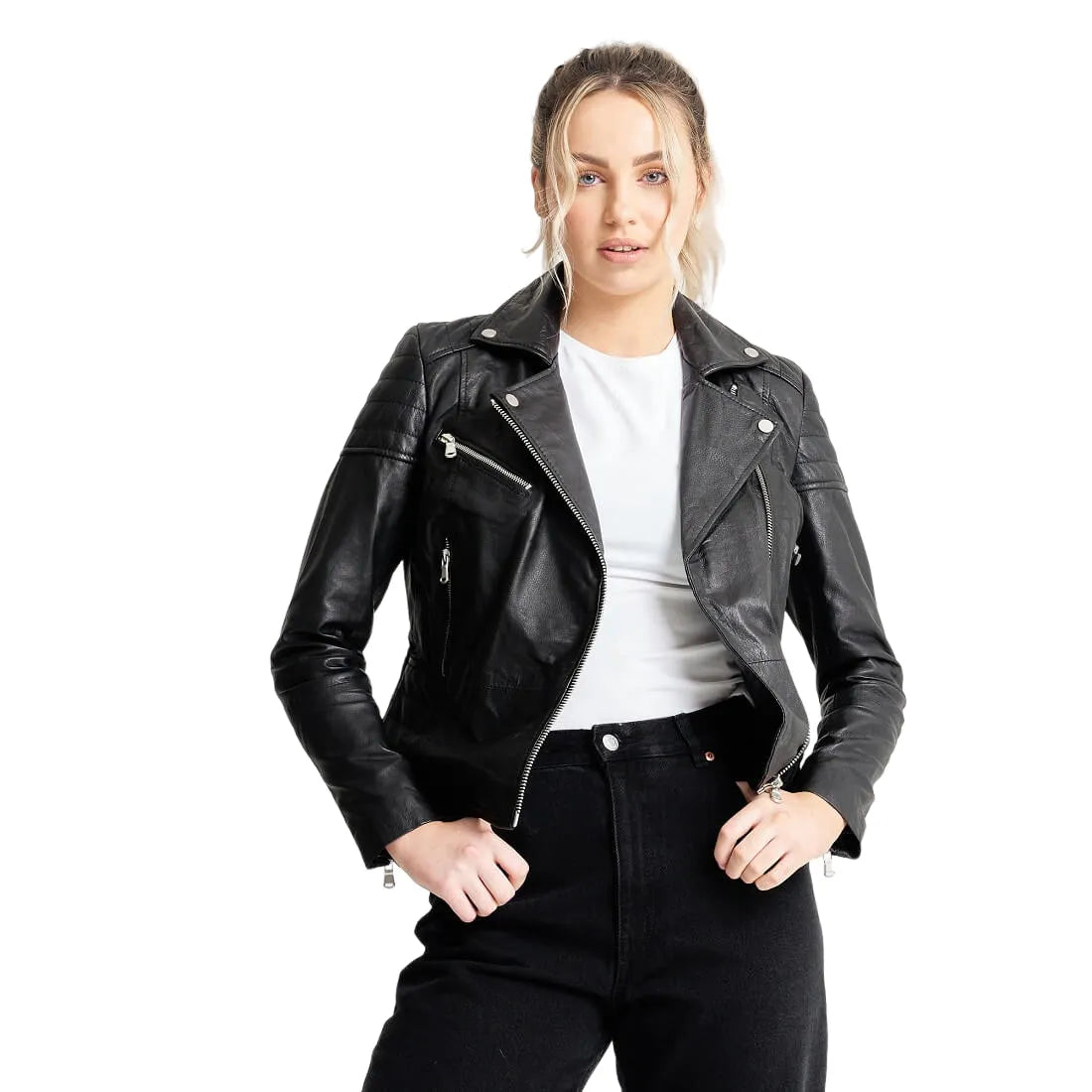 Womens Black Textured Leather Jacket Satin Jacket Silk Jacket Chiffon Jacket