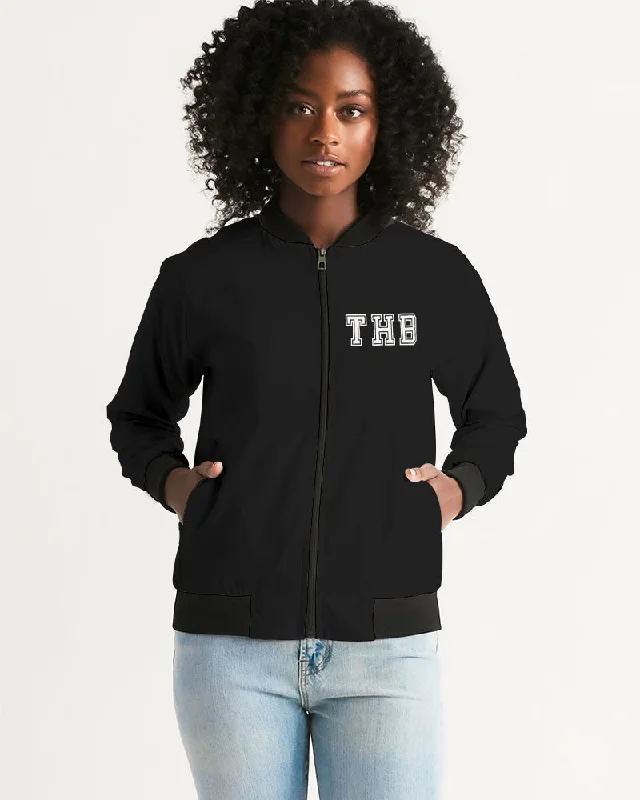THB Varsity - Black Women's Bomber Jacket Appliqued Jacket Beaded Jacket Sequined Jacket THB Varsity - Black Women's Bomber Jacket Appliqued Jacket Beaded Jacket Sequined Jacket