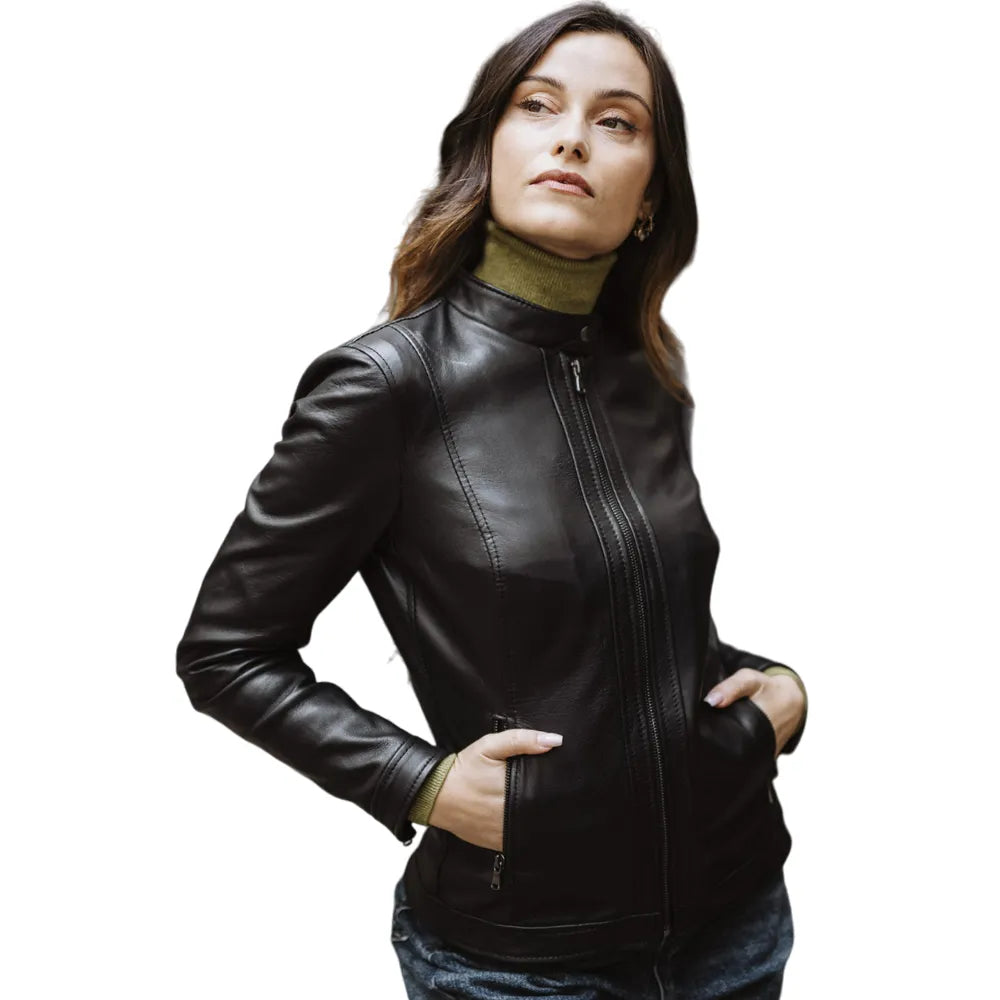 Womens Black Lamb Leather Jacket Elasticated Jacket Padded Jacket Insulated Jacket