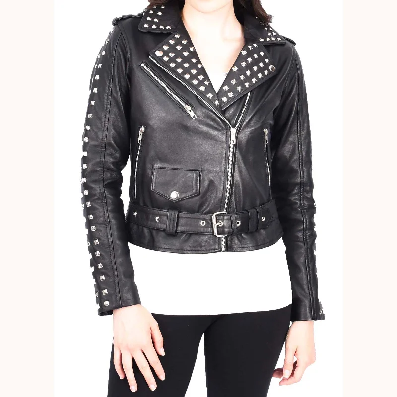 Womens Black Leather Studded Biker Jacket Fitted Brando Style - Stella Fleece Jacket Down Jacket Feather Jacket