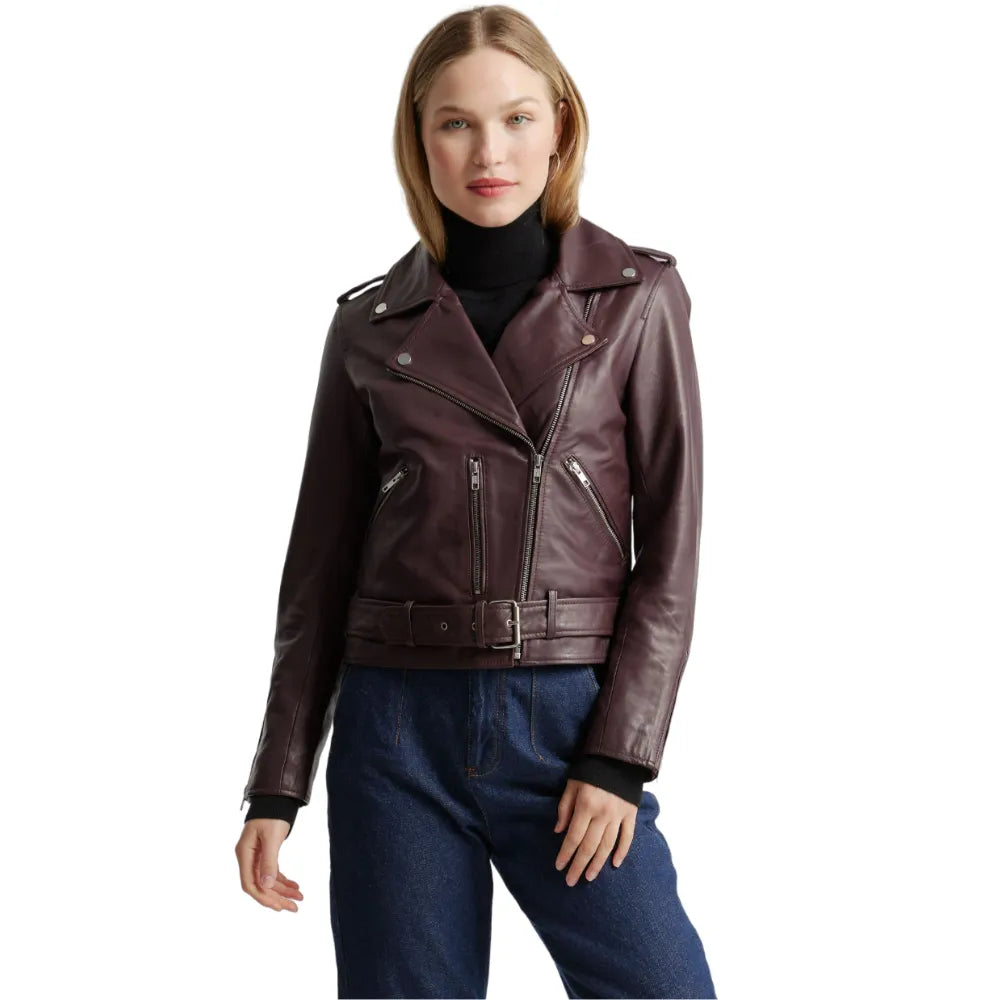 Womens Burgundy Leather Moto Jacket Cotton Jacket Linen Jacket Terry Jacket