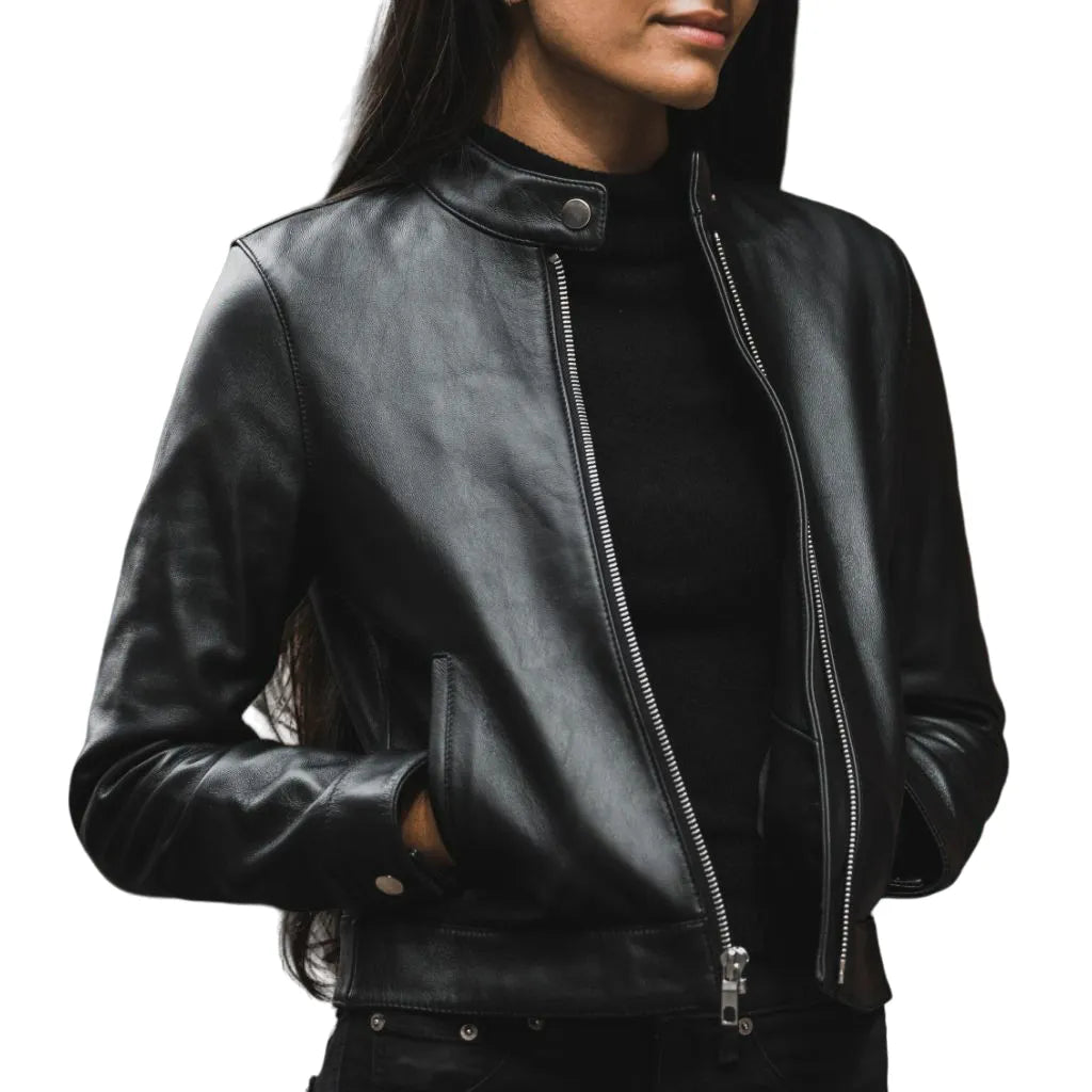 Womens Black Cafe Racer Leather Jacket Tailored Jacket Straight Jacket A-Line Jacket Womens Black Cafe Racer Leather Jacket Tailored Jacket Straight Jacket A-Line Jacket