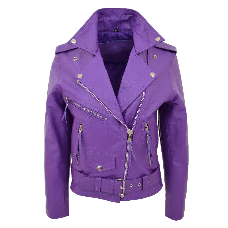 Womens Cowhide Biker Leather Jacket Brando Style Coat Helen Lilac One-Shoulder Jacket Off-the-Shoulder Jacket Asymmetrical Jacket