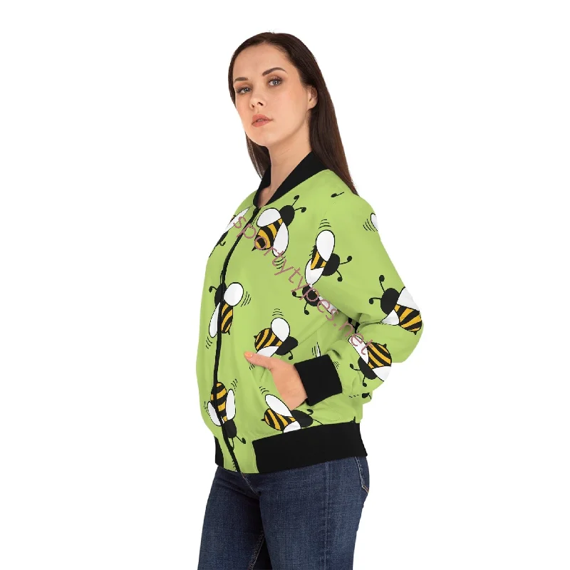 Women's Honey Bees Bomber Jacket Front Pockets Side Pockets Patch Pockets