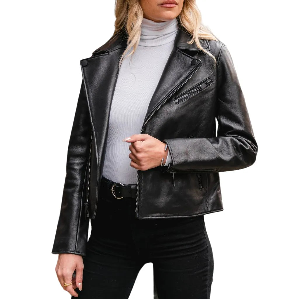 Womens Black Lambskin Leather Moto Jacket Denim Jacket Leather Jacket Suede Jacket