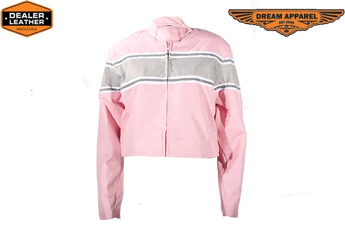 Women's Light Pink Lightweight Racer Style Textile Jacket W/ Thick White Stripe A-Line Jacket Boat Neck Shawl Collar Women's Light Pink Lightweight Racer Style Textile Jacket W/ Thick White Stripe A-Line Jacket Boat Neck Shawl Collar