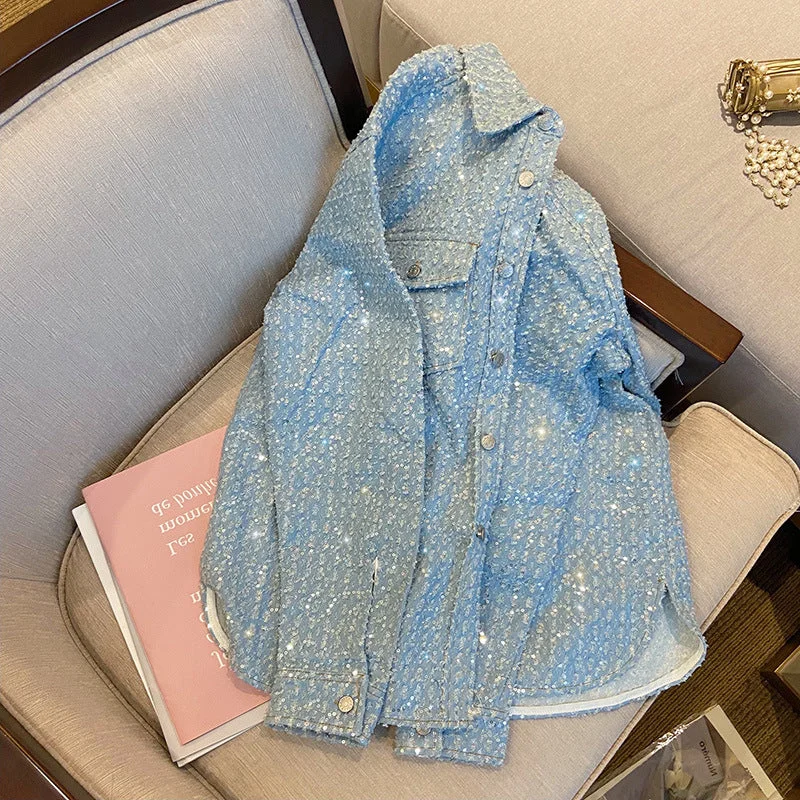 Women's Loose Casual Sequin Short Jacket Zip Front Button Front Snap Front