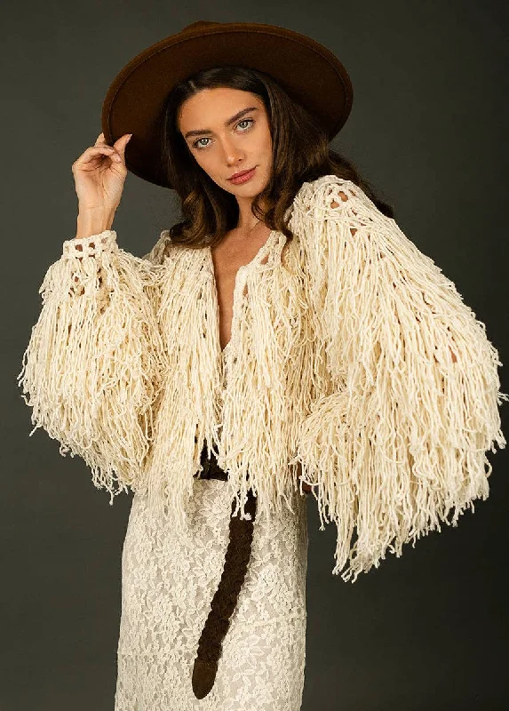 Paulie Fringe Jacket in Cream Satin Jacket Silk Jacket Chiffon Jacket