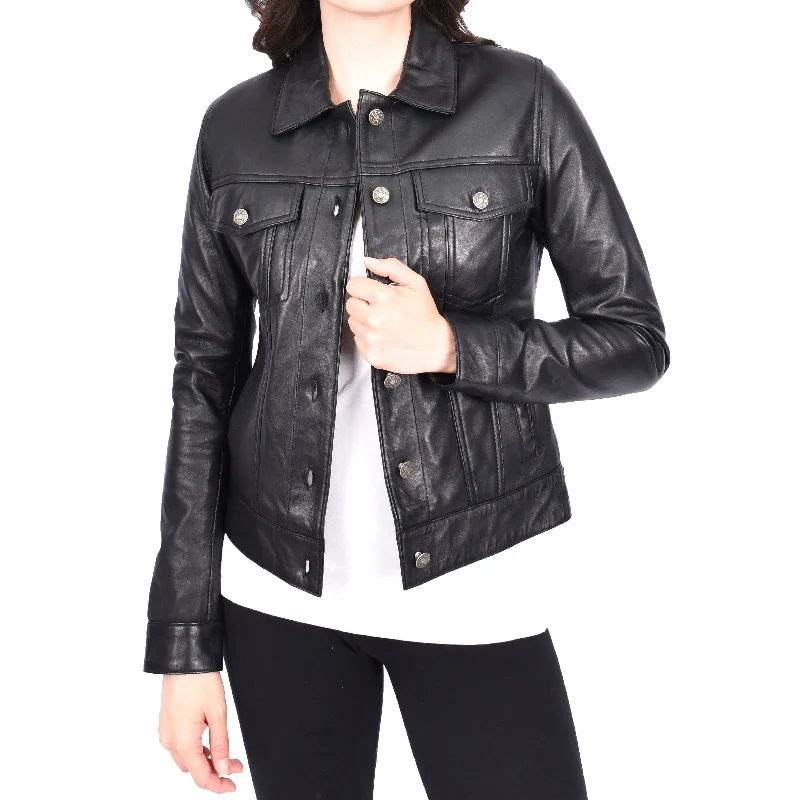 Womens Black Soft Leather Trucker Jacket Fitted Casual Style Zoey Print Jacket Jacquard Jacket Patchwork Jacket Womens Black Soft Leather Trucker Jacket Fitted Casual Style Zoey Print Jacket Jacquard Jacket Patchwork Jacket