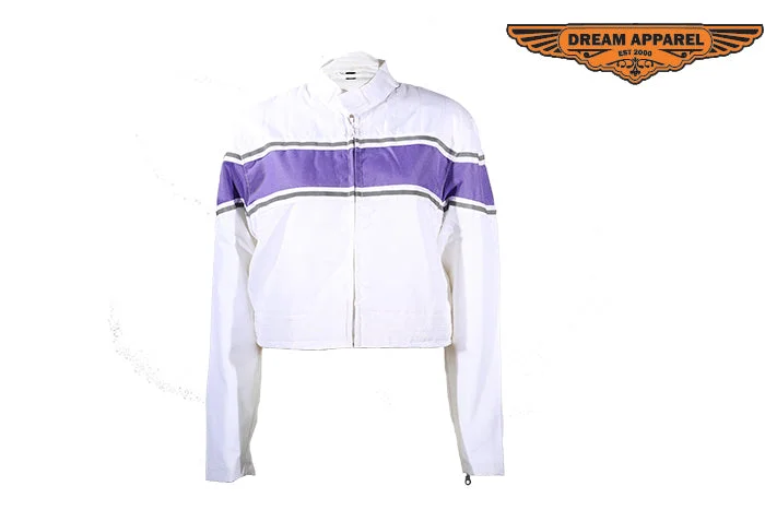 Women's White Lightweight Textile Jacket W/ Purple Stripe Oversized Jacket Tailored Jacket Straight Jacket Women's White Lightweight Textile Jacket W/ Purple Stripe Oversized Jacket Tailored Jacket Straight Jacket
