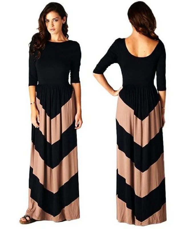 Maxi Dress with Sleeves Chevron Striped Black Mocha Stylish V-Neck Maxi Dress