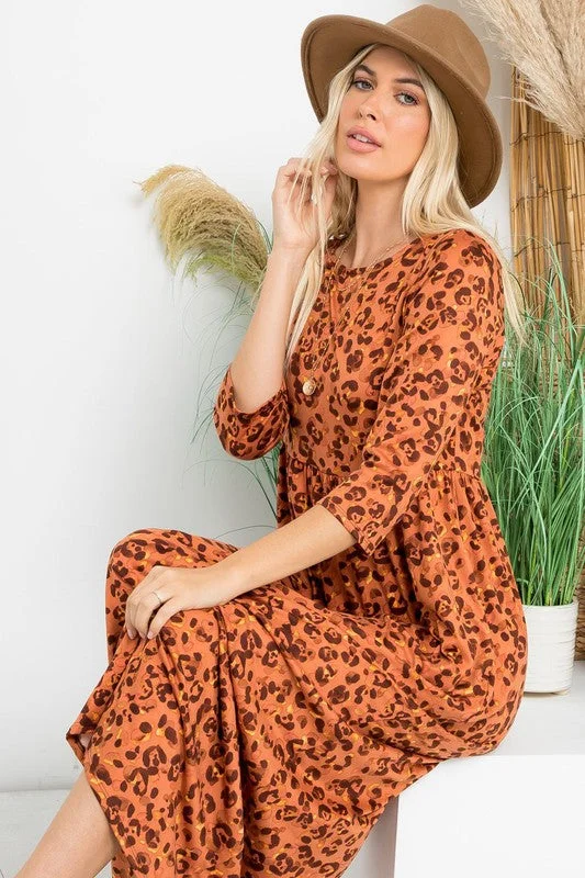 A Joyous Time Leopard Print Maxi Dress in Rust Cozy Cold-Shoulder Maxi Dress