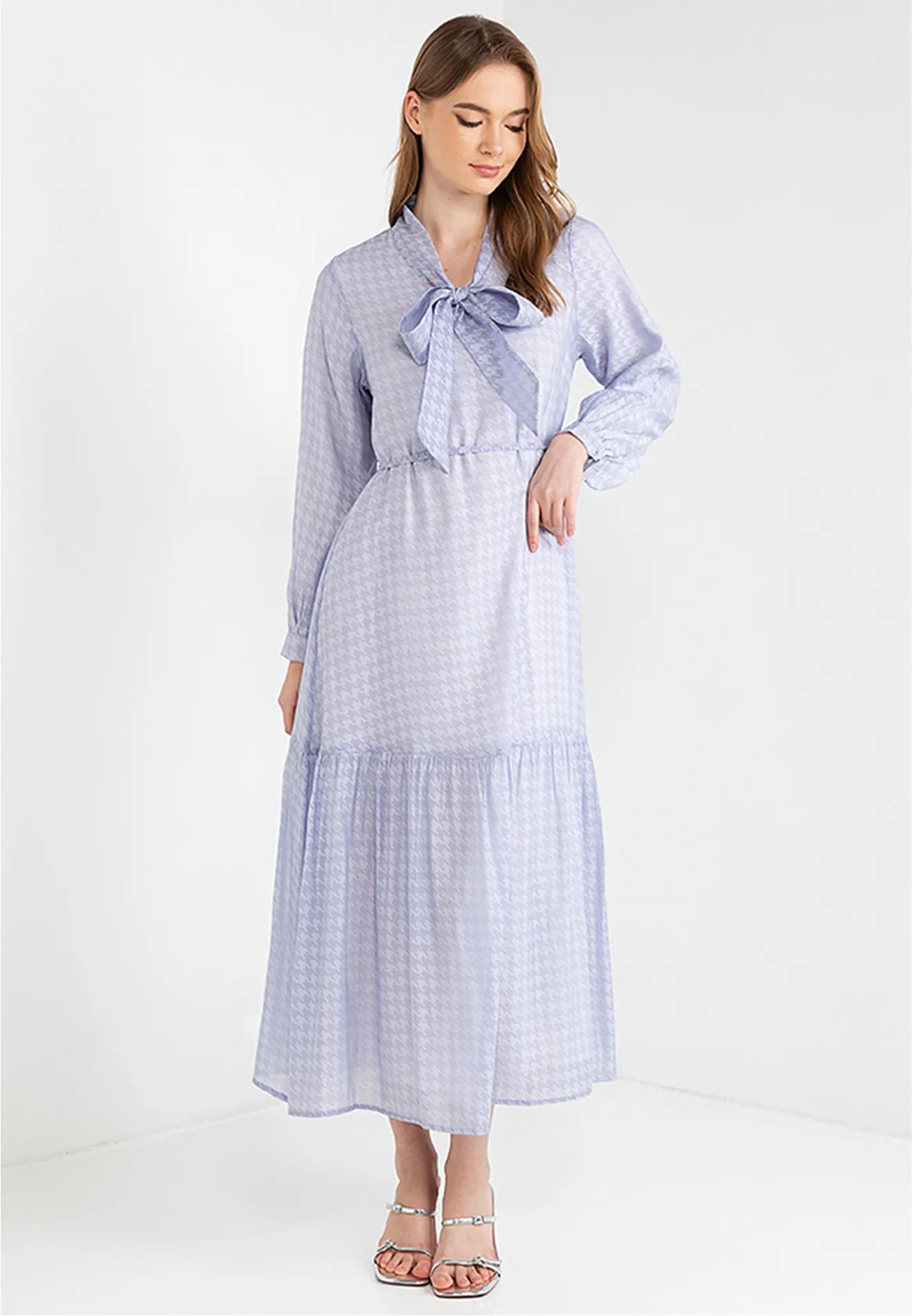 Ribbon Tie Houndstooth Maxi Dress Trendy Satin Maxi Dress