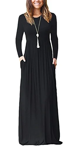 AUSELILY Women Long Sleeve Loose Plain Plus Size Maxi Dresses Casual Long Dresses with Pockets Comfortable Maxi Dress with Slits