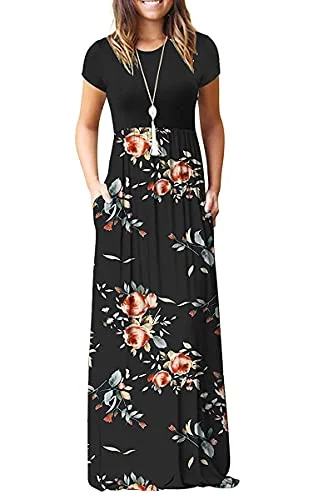 AUSELILY Women's Short Sleeve Loose Casual Long Maxi Dresses with Pockets Stylish Empire Waist Maxi Dress