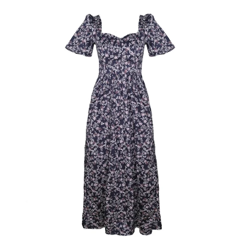 Beatrice Maxi Dress With Sweetheart Neckline / Black Floral Cotton Elegant Boho Maxi Dress