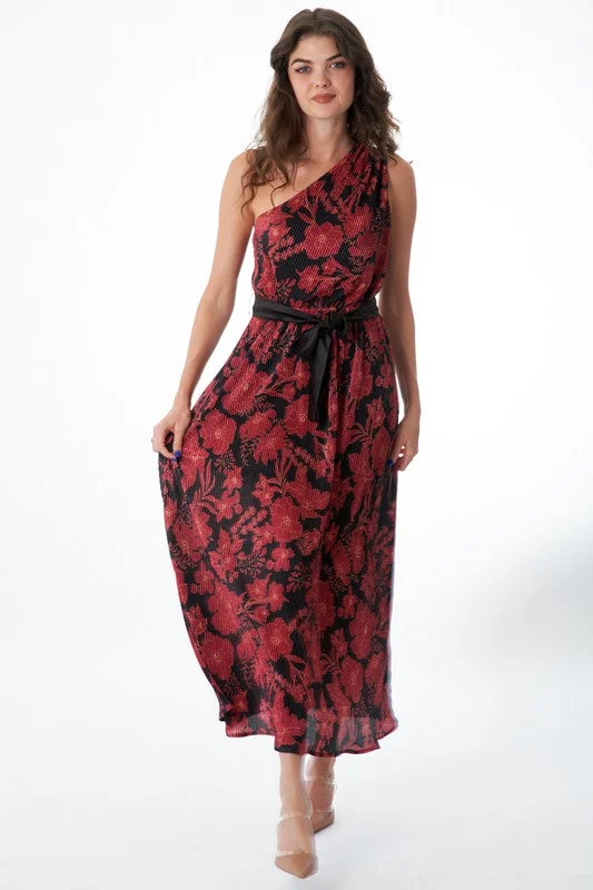 Black and Burgundy Floral One Shoudler Maxi Dress Fashionable Maxi Dress with Fringe