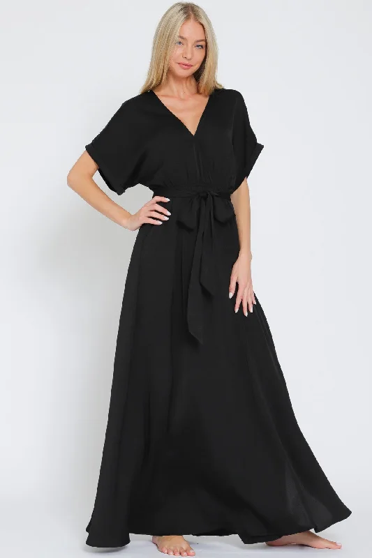 Black Kimono Sleeve Belted Maxi Dress Stylish Maxi Dress with Pleats