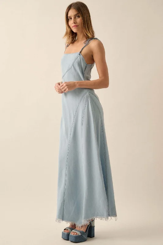 Blue Crush Frayed-Hem Denim Maxi Dress Stylish Button-Up Maxi Dress