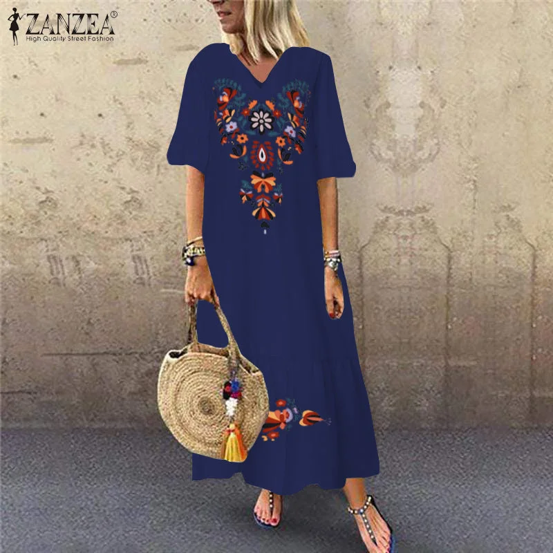 Bohemian Printed Maxi Dress ZANZEA 2019 Women's Sundress Summer Casual V-Neck Ruffle Vestidos Female Short Sleeve Floral Robe Trendy Ruffled Maxi Dress