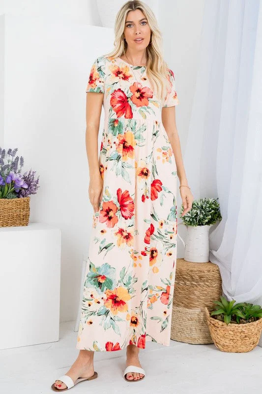 Bursting with Joy Floral Maxi Dress in Peach Comfortable Fitted Maxi Dress