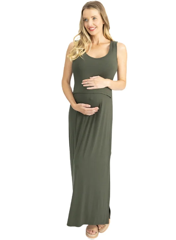 Maternity & Nursing Maxi Dress - Khaki Fashionable Maxi Dress with Fringe