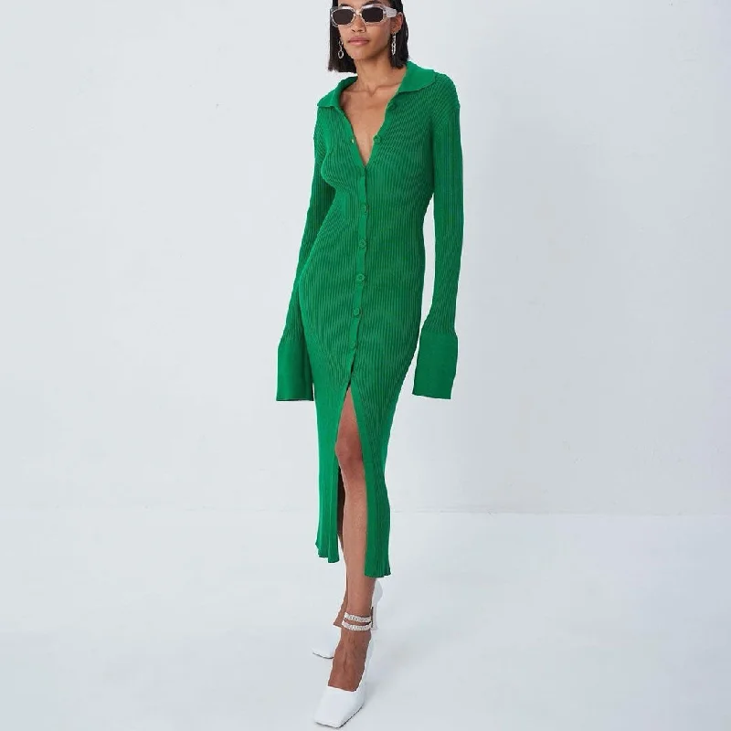 Chic Collared Button Down Long Sleeve Split Trim Rib Knit Maxi Dress - Green Elegant Tiered Maxi Dress