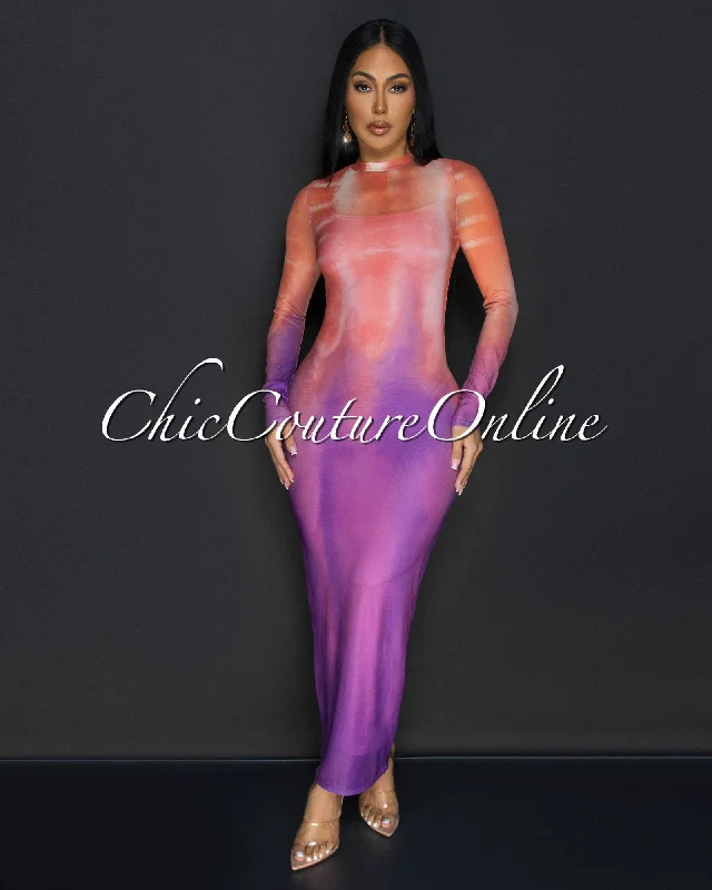 Cleon Peach Purple Mesh Sheer Maxi Dress Cozy Spaghetti Strap Maxi Dress