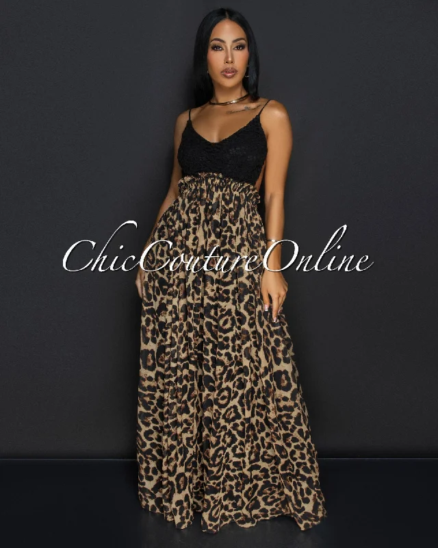 Corena Leopard Black Lace Open Back Maxi Dress Elegant Pleated Maxi Dress