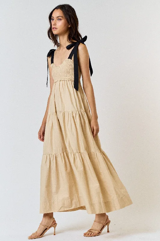 Cream and Black Shoulder Tie Smocked Maxi Dress Elegant Maxi Dress with Pockets