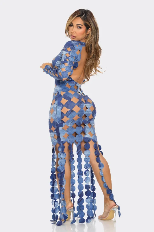 Denim Print Sexy Cut Out Maxi Dress Trendy Off-Shoulder Ruffle Maxi Dress